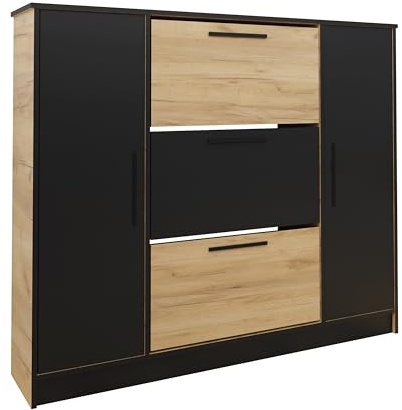 KIER FURNITURE Schuhschrank SZNB02D - Schuhregal aus Laminierter Spanplatte - Schuhkipper mit Ablageflächen - Einordnung der Schuhe - Schuh-Organizer - 137,2x124,7x24,1 cm Eiche Craft Gold + Schwarz