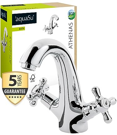 'aquaSu® Athenas 795708 - Miscelatore a due maniglie con ugello per il risparmio dell'acqua, in stile vintage, interno in ceramica, fissaggio standard, anima in ottone, cromato