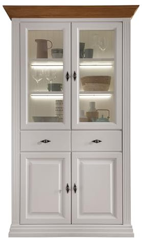 Lomadox Vitrine Vitrinenschrank inkl. Beleuchtung, Kiefer weiß mit Eiche, Massivholz, montiert