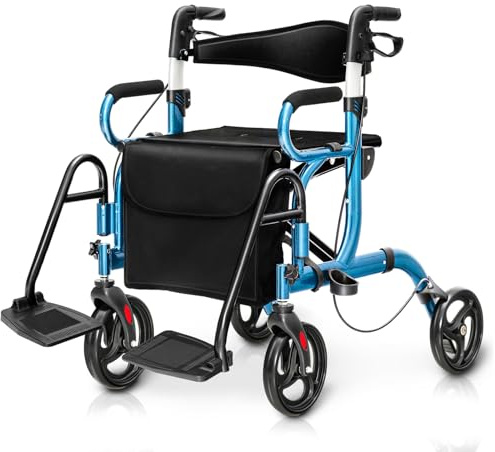 Goplus 2 in 1 Rollator Walker for Seniors, Medical Walker with Seat, Folding Transport Wheelchair Rollator with 8 Wheels, Reversible Backrest, Footrests, Aluminum Mobility Walking Aid (Blue)