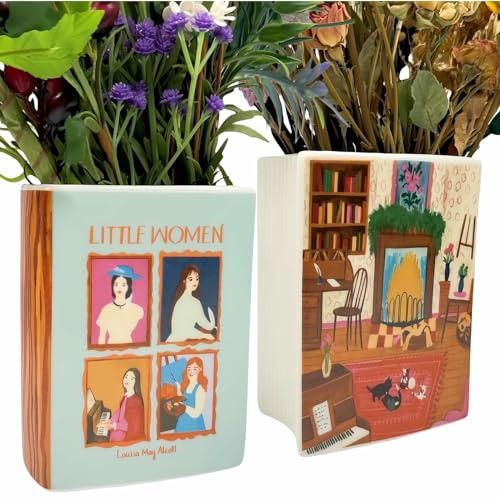 Ceramic Book Vases for Flowers, Cute Bookshelf Decor, Flower Book Vases Unique Home Decor, Unique Vases for Book Lovers (BookVase-LW)