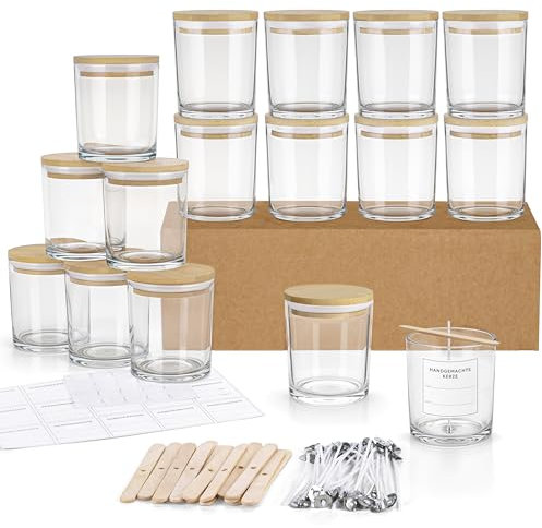 Winter Shore 300 ml Glaszylinder für Kerzen (16er-Pack) - Kerzen Glas Leer zum Gießen, Hochwertige Leere Kerzengläser mit Deckel aus Bambus, Dochten & Etiketten - Candle Jars Leer zum Gießen