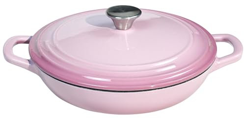 Flavehc Enameled Cast Iron Braiser 3 qt Shallow Casserole Pan with Lid - Pink