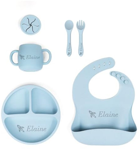 Stoviglie personalizzate in silicone organico con stampa a colori, stoviglie in silicone alimentare a 5 colori, nome personalizzato, recinzione in silicone regolabile e tazza per snack con coperchio