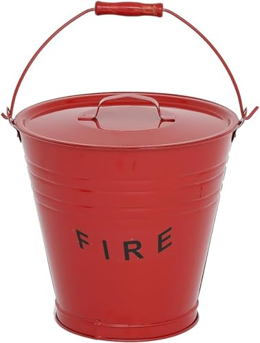 Metal Coal Bucket With No Lid Wooden Handle Fireplace Container Litre Black Coal | Wooden Handle & No Lid | Log Holder | Fireplace Fire Pit Wood Burning Stove Bin | 12L (RED FIRE BUCKET WITH LID)