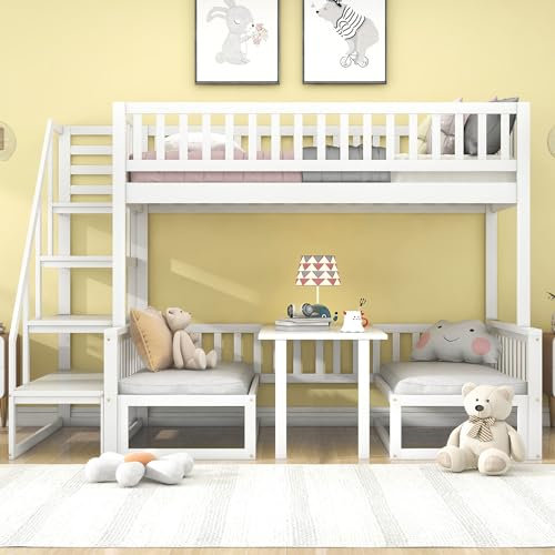 Jovify Hochbett für Kinder, Etagenbett mit Flexibler Tisch und Holzsofa, Kinderbett mit Treppe und Rausfallschutz, 90x200cm +120x200cm, Funktionsbett Stockbett Jugendhochbett, Weiß