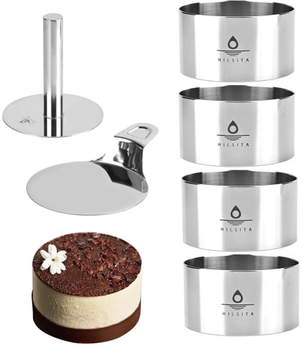 Hilsita 6 Pcs Cake Ring Molds, Seamless Stainless Steel Cake Cutter For Baking, 4 inch Cooking Rings with Pusher & Lifter, Dessert Mousse Molds Baking Tools, Includes 1 Pusher, 1 Lifter and 4 Rings