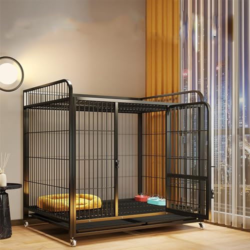 PJDDP Hundekäfig Für Den Innenbereich, Haustierkäfig, Katzenkäfig Mit 2 Türen, Kunststoffschale Und 360°-Rädern, Geeignet Für Mittelgroße Und Große Hunde,Schwarz,M