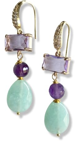 Orecchini Pendenti con Cristalli Lilla e Pietre Naturali Verde Acqua – Orecchini Artigianali Fatti a Mano, Bijoux Donna Eleganti, Made in Italy, Idea Regalo