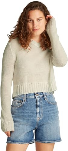 Tommy Jeans Damen Pullover Open Knit mit V-Ausschnitt, Elfenbein (Ancient White), S