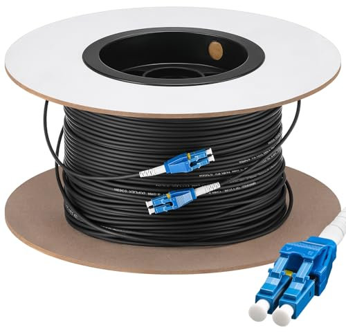 Threlaco 500ft (150 Meters) Fiber Lc to Lc Outdoor Armored Fiber Optic Internet Cable 9/125um Lc Single Mode Duplex Fiber Cable Jumper, Compatible with OS1/OS2, Low Friction LSZH, Black