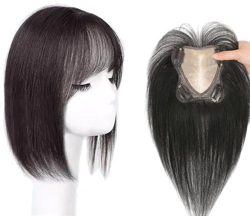 Postiche Avec Frange for Femme Postiches 100% Naturels Extensions De Cheveux 3D À 360° Toupet À Base De Soie 7 X 8 Cm Extensions De Cheveux 10/12 Pouces for Cheveux Clairsemés(Black,30cm)