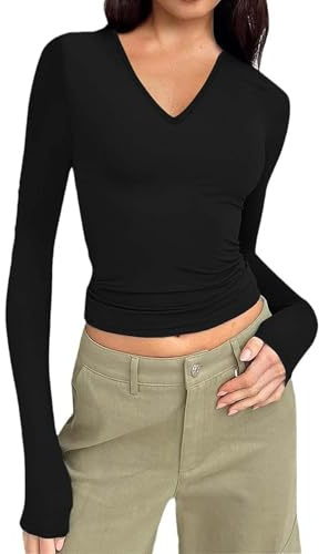 Hanaoops T-Shirt à Manches Longues pour Femme Basiques Moulant Extensible Crop Top Y2K Sexy Col V Haut Court Décontractés Élégant Couleur Unie Tops
