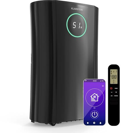 Klarstein DryFy ProConnect 24L Deshumidificador Smart, Wi-Fi, Silencioso, Bajo Consumo, Temporizador 24h, Filtro HEPA, Control de Humedad, Portátil para Hogar/Oficina, Habitaciones hasta 36m², Negro