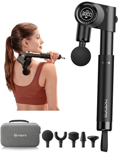 Napre Massagepistole Massage Gun Muskel Percussion Massagegerät mit 32 Geschwindigkeiten Massage Pistole für Schulter Körper Rücken Entspannung,5 Verstellbaren Winkel,mit Metallgriff Verlängerung
