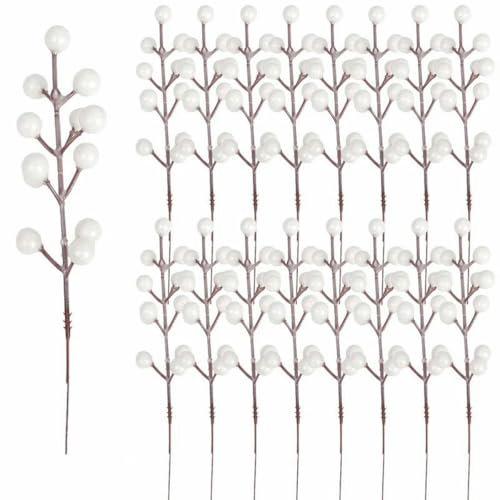 YLREAN 50/1 Stück Weihnachtsornament mit roten Beeren, künstliche Beerenzweige aus Schaumstoff, DIY-Kranz, Weihnachtsbaum, Hochzeitsfeier, Heimdekoration, Weiß, 12 Köpfe, 20 Stück