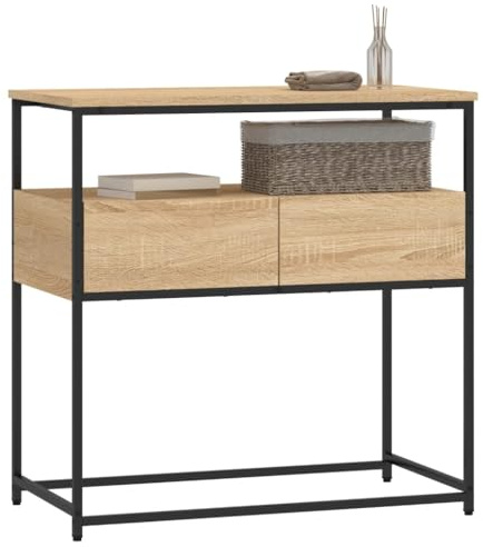 Homvdxl Konsolentisch aus Metall mit 2 Schubladen, 2 Etagen Sofa Beistelltisch für Eingangsbereich, moderner Beistelltisch für Wohnzimmer, Holzwerkstoff und Metallrahmen, 75x40x75cm | Braun