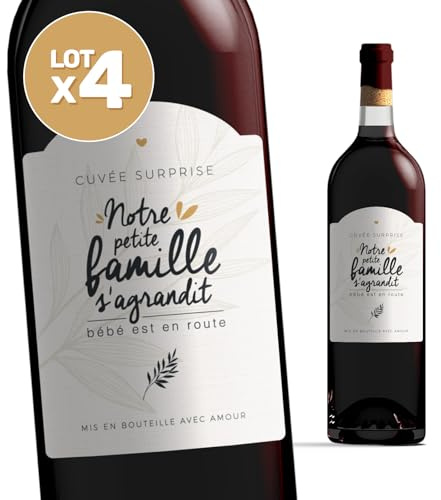 Manahia LOT de 4 Etiquettes bouteilles annonce naissance - Notre petite famille s'agrandit - Bébé est en route - Etiquette Vin Annonce Naissance - Annonce Grossesse - Bébé arrive - Lot de 4 unités