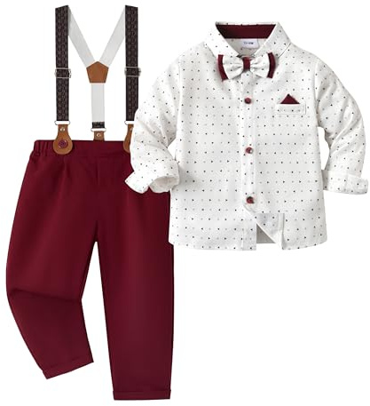 Volunboy Conjunto de Boda Trajes para Bebé Niños, Algodon Camisa con Pajarita + Tirantes Pantalones 4 Piezas Ropa(18-24 meses,Impreso Rojo,Tamaño 90)