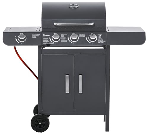 Outsunny 3+1 Burner Gas BBQ Grill, Outdoor Barbecue Trolley with Wheels, Warming Rack, Side Shelves, Cabinet, Thermometer for Garden, Party, Camping, 110L x 50W x 100Hcm, Grey