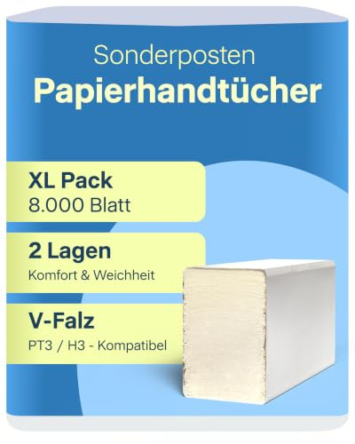 8.000 Papierhandtücher 2-lagig – B-Ware - PT3 / H3 kompatibel - V-Falz – 20,3 x 23 cm – fusselfrei – saugstark – 40 x 200 Blatt – gefaltet: 20,3 x 11,5 cm – Handtuchpapier für Spender