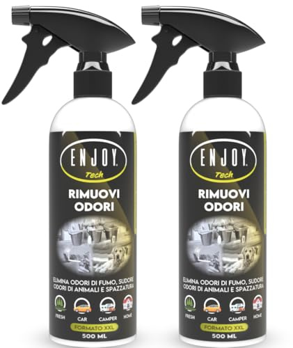 ENJOY TECH Rimuovi Odori Spray 2x500 ml – Neutralizza Odori di Fumo, Animali, Cibo e Sudore – Assorbi-Odori per Tessuti, Divani, Auto, Scarpe e Accessori Sportivi – Made in Italy