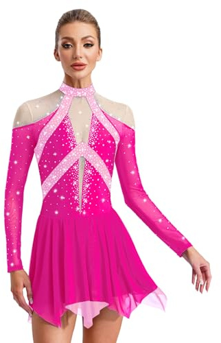 iiniim Damen Eiskunstlauf Kleid Glitzer Langarm Ballettkleid Mesh Patchwork Eislaufkleid Rollschuhkleid Ballerina Latein Tanzkleid Dunkel Rosa L