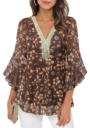 Bodhi talk Camicetta elegante da donna con maniche a 3/4 e ruches, con glitter, tunica con scollo a V, camicia a doppio strato in mesh, top festivo per il perfetto uso quotidiano e per le feste, XL