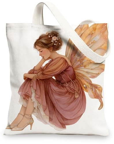 Bolsas de lona de hadas, bolsas de compras reutilizables con diseño artístico de hadas, elegantes, ligeras, lavables, Blanco, 13x15 Inch