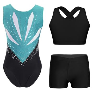 Yruioon 3 Stück Mädchen Turnanzug Glitzer Gymnastikanzug Ärmellos Gymnastik Leotard mit Sport BH Tops Shorts Wettbewerb Tanzkostüm