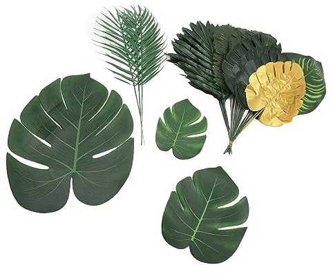 EMUKOEP 70 Piezas de Hojas de Palma Artificiales, 10 Especies de Plantas, Simulación de Hojas de Plantas Tropicales para la Decoración del Partido Hawaiano
