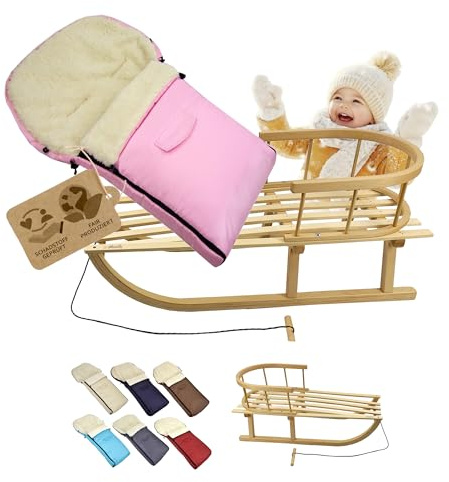 BambiniWelt Träsläde med ryggstöd och dragrep vinteråkpåse 90 cm – varmt lammull, vattenavvisande – kombinationsset för barnvagnar och buggy (rosa)