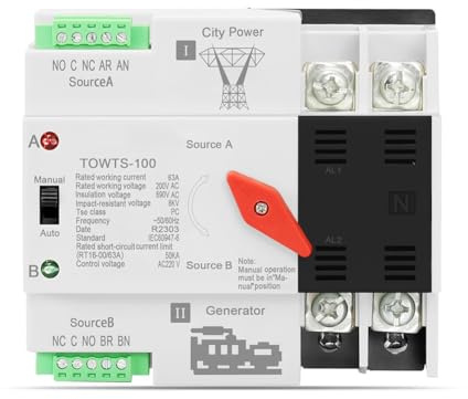 Wlinfetity Commutateur de transfert manuel automatique 100 A pour double alimentation de secours, 2P avec protection contre les surtensions/sous-tensions, montage sur rail DIN pour générateur et