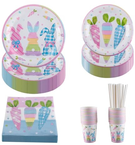 PHUNAT 25-Guests Party Plates Cups and Napkins Set, Rabbit Cartoon Themed Party Tableware, Includes Paper Plates (7 & 9 inch), Cups, Napkins, Straws, Ideal for Easter, Birthday, Gatherings