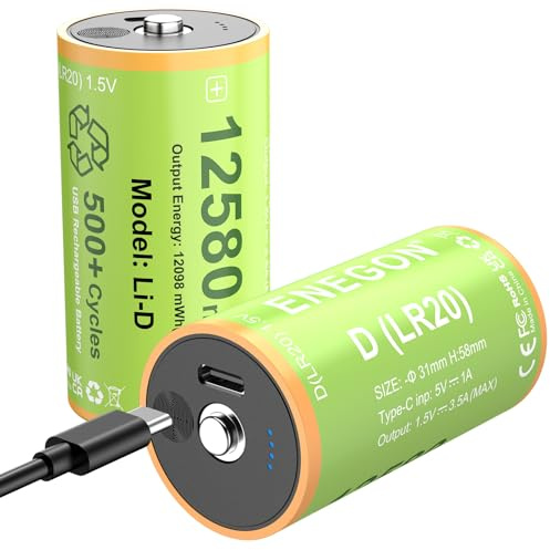 ENEGON 2 Pack D Batteries 12580mWh Rechargeable Lithium-ion D, 1.5V LR20 Battery with USB-C Cable for Floodlights, Camping Lights, Radios, Security light, Touch-sensitive LED Display.