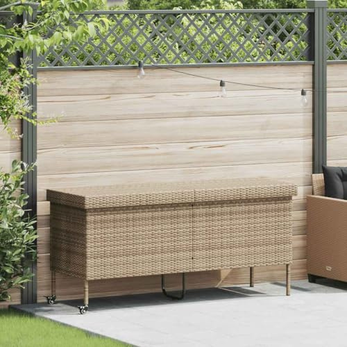 ACAGALA Gartenbox mit Rollen 160x55x75 cm, Auflagenbox aus Poly Rattan, UV-beständig, Gasdruckfeder, abnehmbarem & waschbarem Innenbeutel, Kissenbox Outdoor mit Deckel, Beige