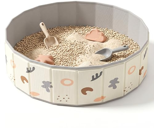 Bac à Sable pour Enfants, bac à Sable Pliable spacieux de 47 Pouces de diamètre pour Enfants avec imprimé Dessin animé, bacs pour Jouer en intérieur et en extérieur, Beige