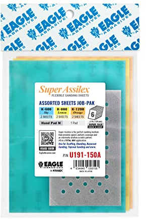 Super Assilex Flexible Sanding Sheets Job-PAK, Assorted K600-K1200, U191-150A, 6 Sheets + 1 M Hand Pad for Half Sheets