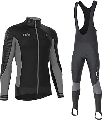 FDX Herren Thermodream Fahrradanzug mit Handschuhen,Socken,leicht,Thermisch,Winddicht,Super Roubaix Fahrradbekleidung Set Langarm Jersey 3D Gepolstert Bib Tight für Fahrradfahren(schwarz/Grau, XL)