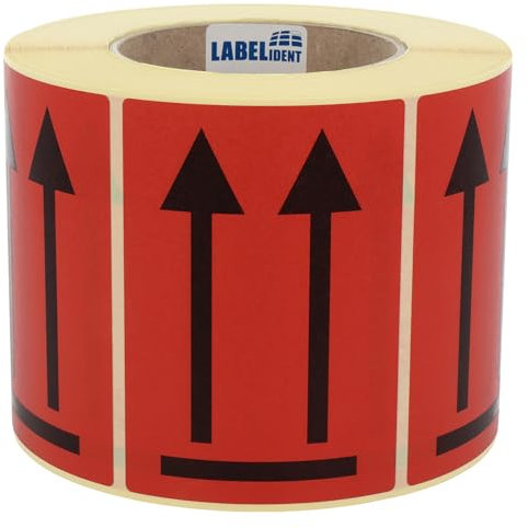 Warnetiketten 74 x 105 mm - Paket Aufkleber Doppelpfeil - Hier oben/Diese Seite nach oben/This side up - 1.000 Versandaufkleber auf 1 Rolle(n), Papier rot-schwarz
