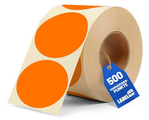Labelident Markierungspunkte, Klebepunkte neonorange - Ø 75 mm - 500 bunte Papieraufkleber auf 1 Rollen, Inventuretiketten selbstklebend