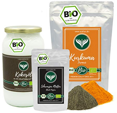 Azafran BIO Kurkuma (Turmeric) Paste Set mit Kokosöl (1L), Kurkuma (1kg) u. Pfeffer (50g)