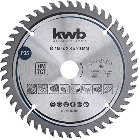 kwb lame de scie circulaire 150 x 20 mm, coupe très fine, lame de scie adaptée aux plans de travail, au bois et aux panneaux revêtus