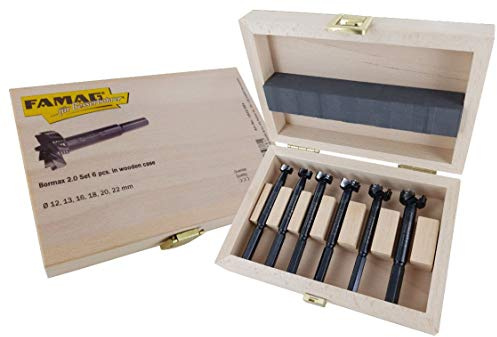 Famag - Lot de 6 embouts Forstner BORMAX 2, 12, 13, 16, 18, 20, 22 mm - Fabriqué en Allemagne dans une boîte en bois série 1622.554.