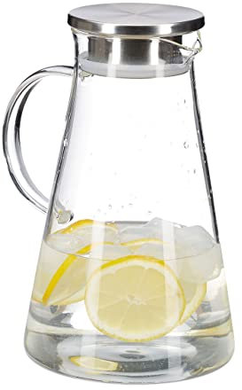 Relaxdays Glaskaraffe, 1,8 l, mit Deckel, Wasser, Saft, Aromawasser, spülmaschinenfest, Wasserkrug, transparent/silber, 24 x 14 x 18 cm