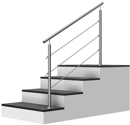 Edelstahl Treppengeländer Aufmontage, 1,6m lang, 0,9m hoch, Außengeländer, je 2 Pfosten + 3 Querstreben + Handlauf mit Trägerplatten + Zubehör, Winkelverstellbar (L:1600mm H:900mm)