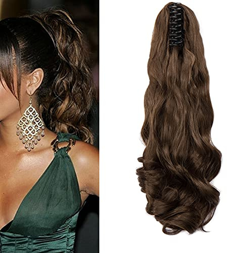Cybelleza Hårförlängningar, fläta, hårdel, klämma i ponytail Extensions Claw hästsvans, hårförlängning som äkta hår, vågigt, lockigt konsthår, lång voluminös ombre (kastanjebrun)