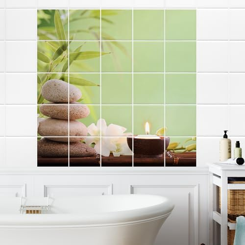 GRAZDesign Fliesenaufkleber Bad Wandfliesen selbstklebend, Wellness Grün Klebefliesen - 15x20cm / Wellness Steine mit Kerze