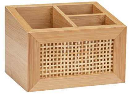WENKO Caja para el baño Allegre, caja decorativa con 3 prácticos compartimentos de bambú y ratán de calidad óptima, para guardar los utensilios del baño y cosméticos, 12 x 8,5 x 9 cm, natural