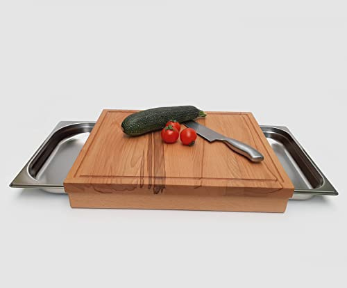 Holz-Schneidebrett KERNBUCHE mit Saftrille und 2 Auffangschalen seitlich ausziehbar Gr.44,7x37,1x7cm Holzbrett Käsebrett Brotschneidebrett Edelstahlschublade Küchenbrett Grillbrett Stollenbrett